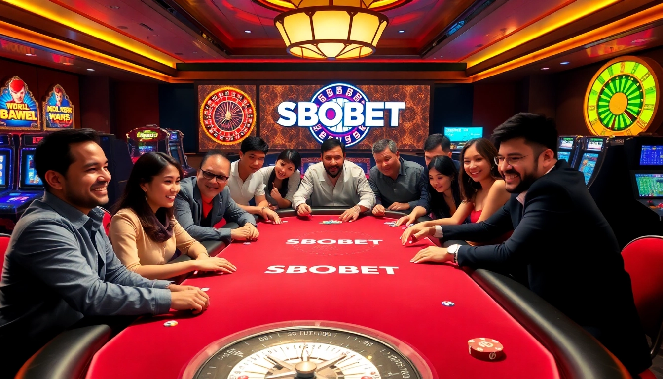 SBOBET members enjoying a thrilling game at a professional poker table in a vibrant casino setting.