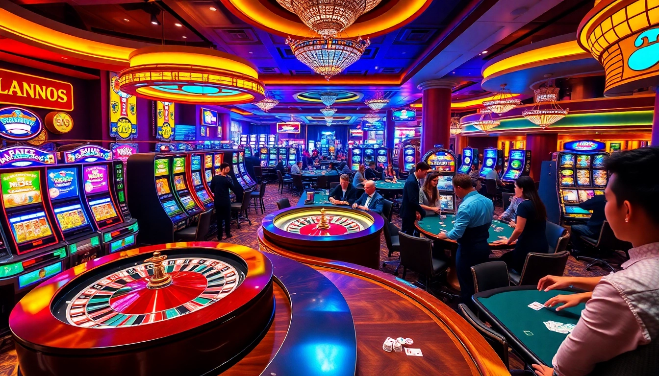 Engage with Nc88 thrilling casino action featuring vibrant poker tables and slot machines.