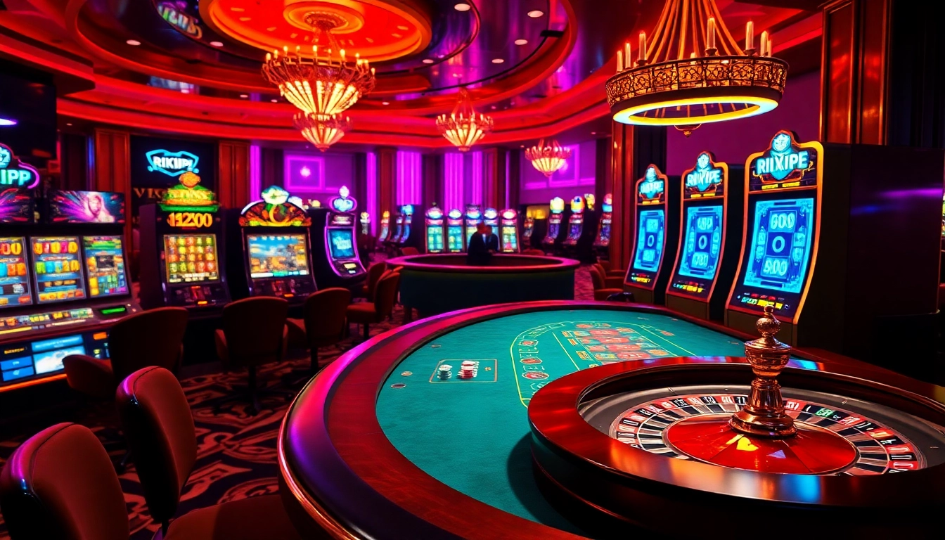 Experience the excitement of gambling at Rikvip's vibrant casino, featuring poker chips and slot machines.