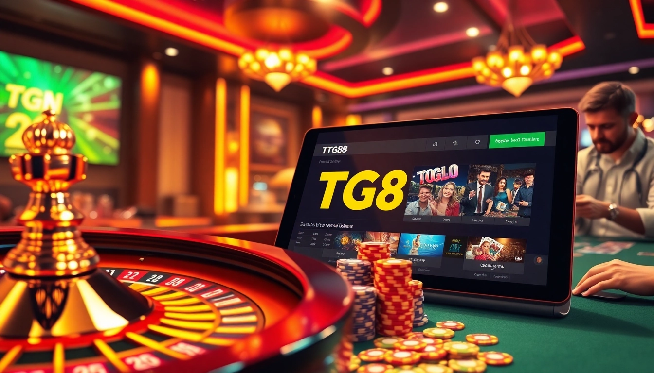 Thrilling gaming action at TG88 casino with vibrant poker chips and roulette wheel.