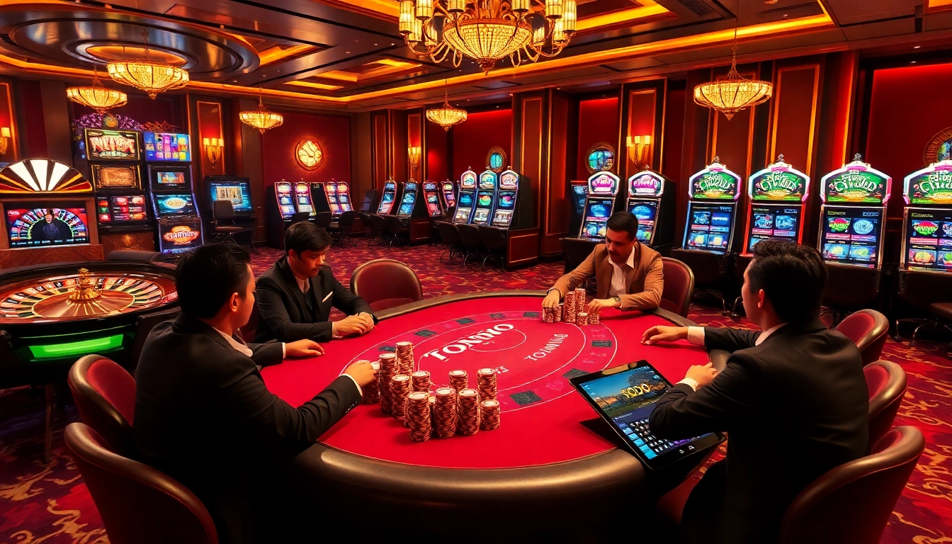 SODO gambling scene with players at a poker table and a roulette wheel in a luxurious casino.