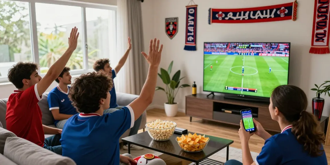 Fans enjoying جدول مباريات اليوم كورة لايف in a lively living room during an exciting match.